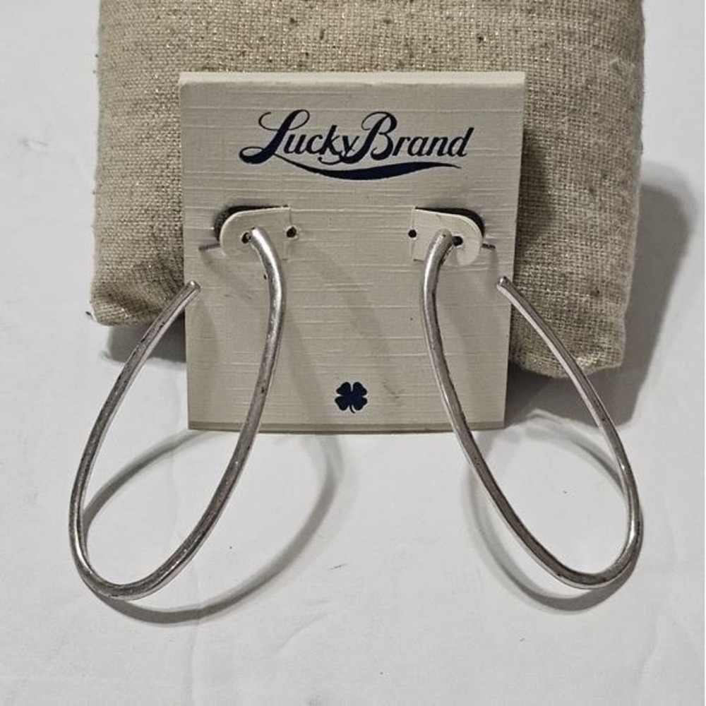 Lucky Brand Silver Tone Elongated Oval Teardrop Hoop Earrings Post Back Boho